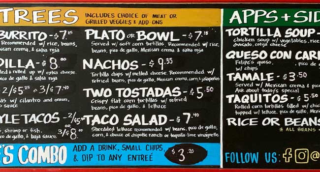 Chalkboard menu for Felipes Mexican restaurant in Gainesville