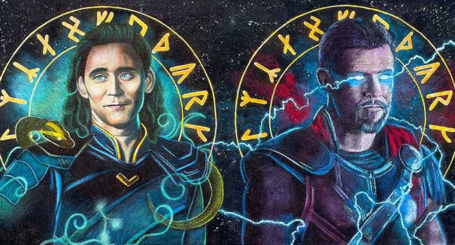 Chalk image of Marvel's Loki and Thor