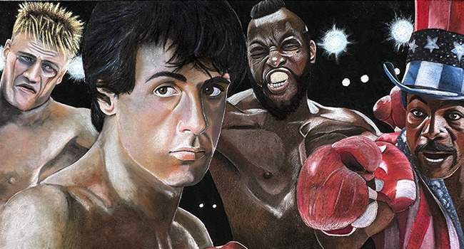Chalk image of Sylvester Stallone as Rocky Balboa with Apollo Creed, Clubber Lang, and Ivan Drago