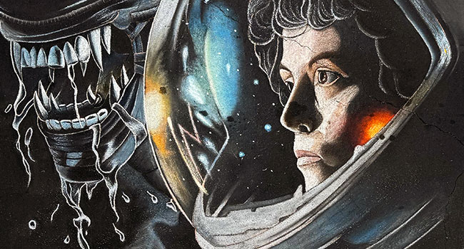 Chalk image of Ripley and the Alien from the Alien movies.